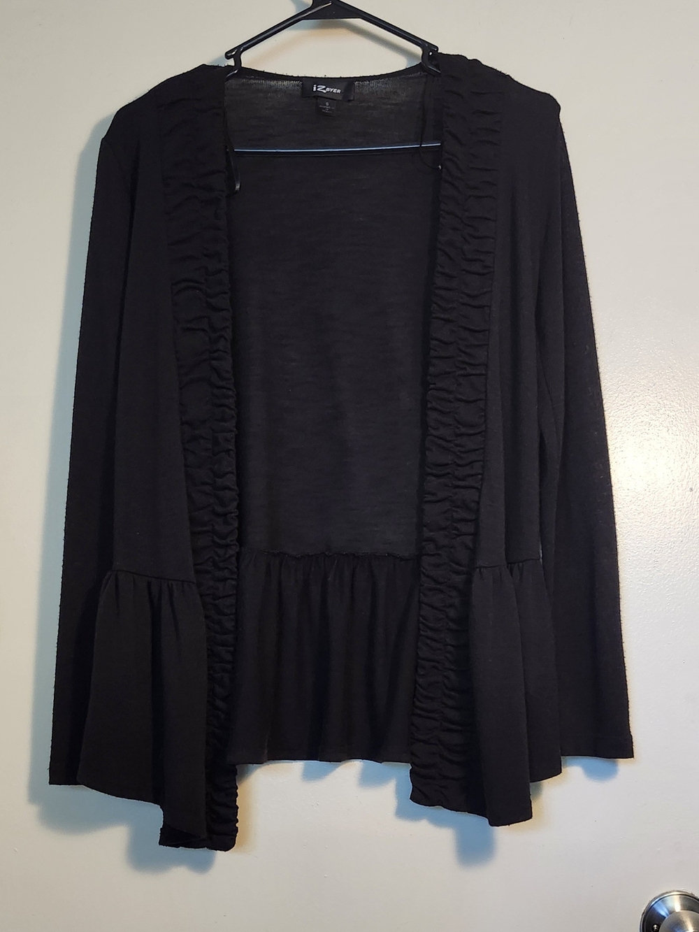 Iz Byer Black Ruffle-Trim Peplum Open Cardigan